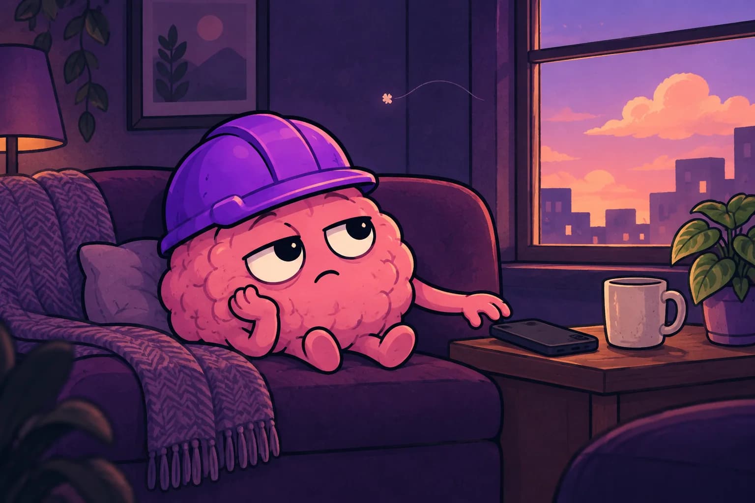 A bored brain in a purple hard hat sits beside a phone and watches the evening sky.