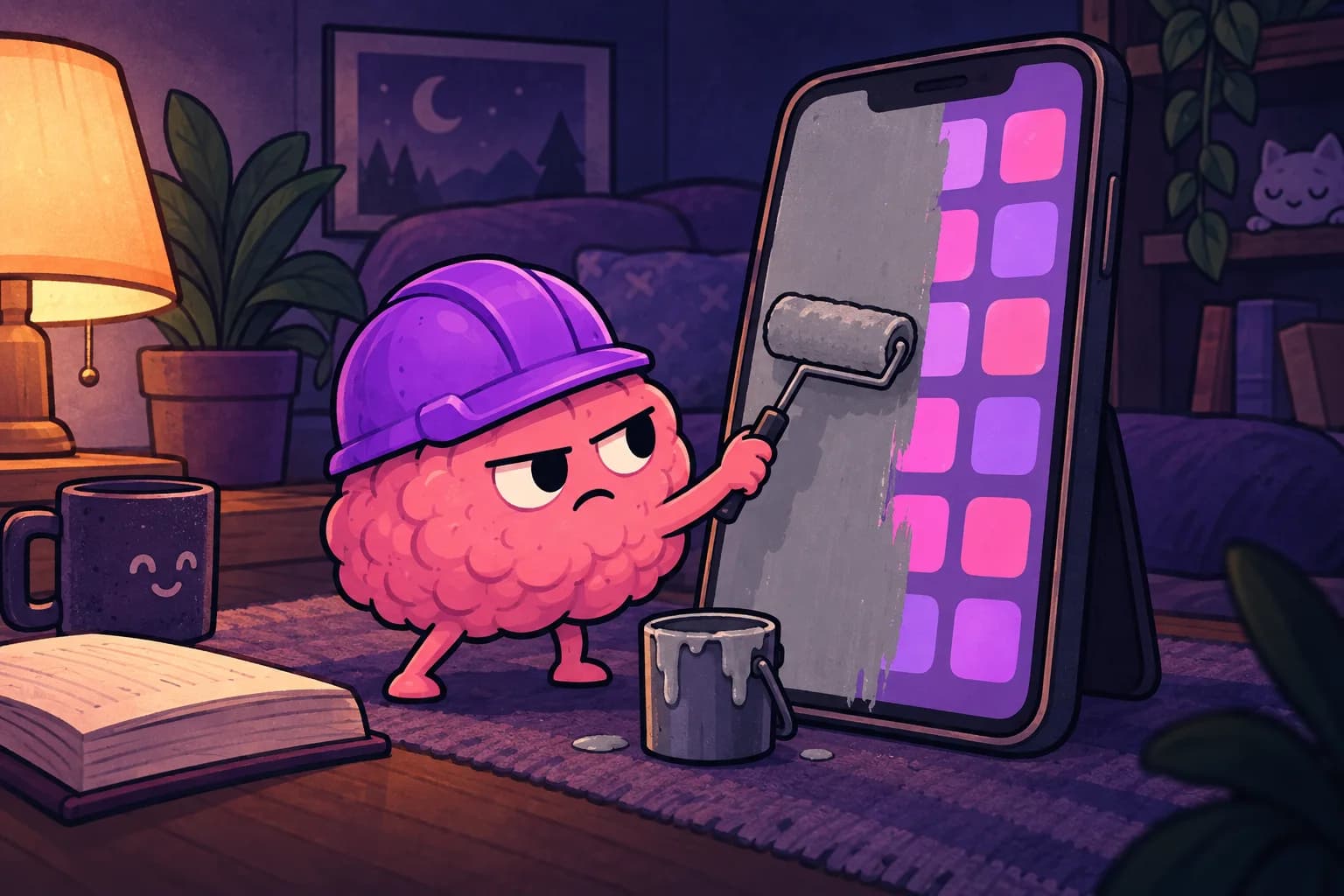 The brain paints colorful phone icons gray with a little paint roller.