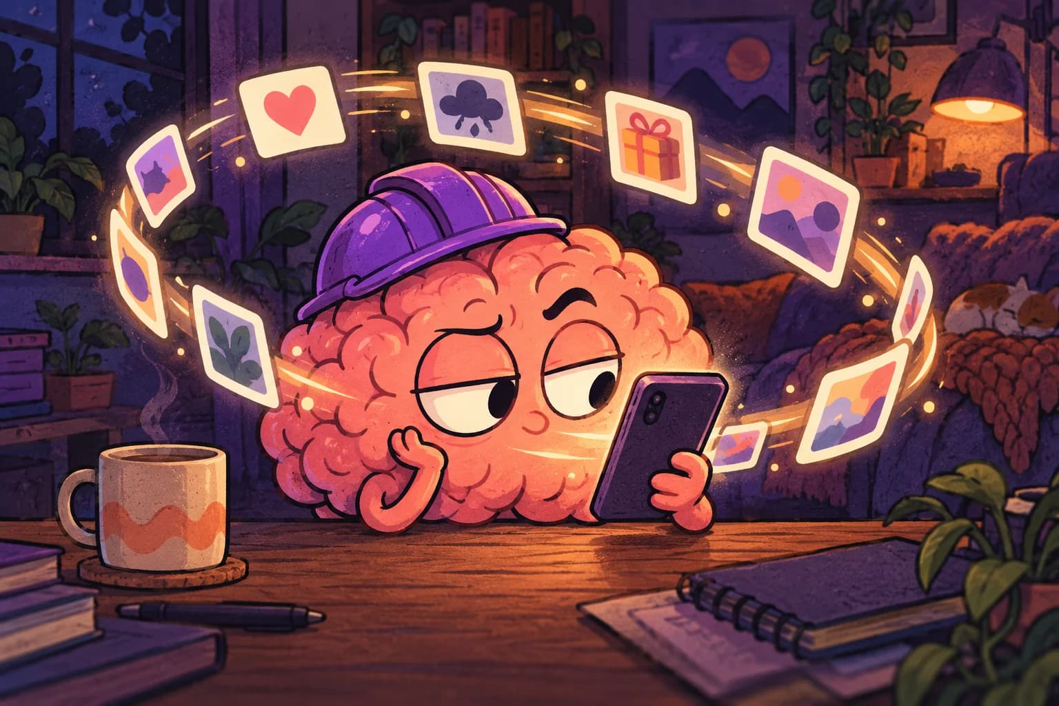 A tired brain in a purple hard hat watches its phone as glowing feed cards circle back in an endless loop.