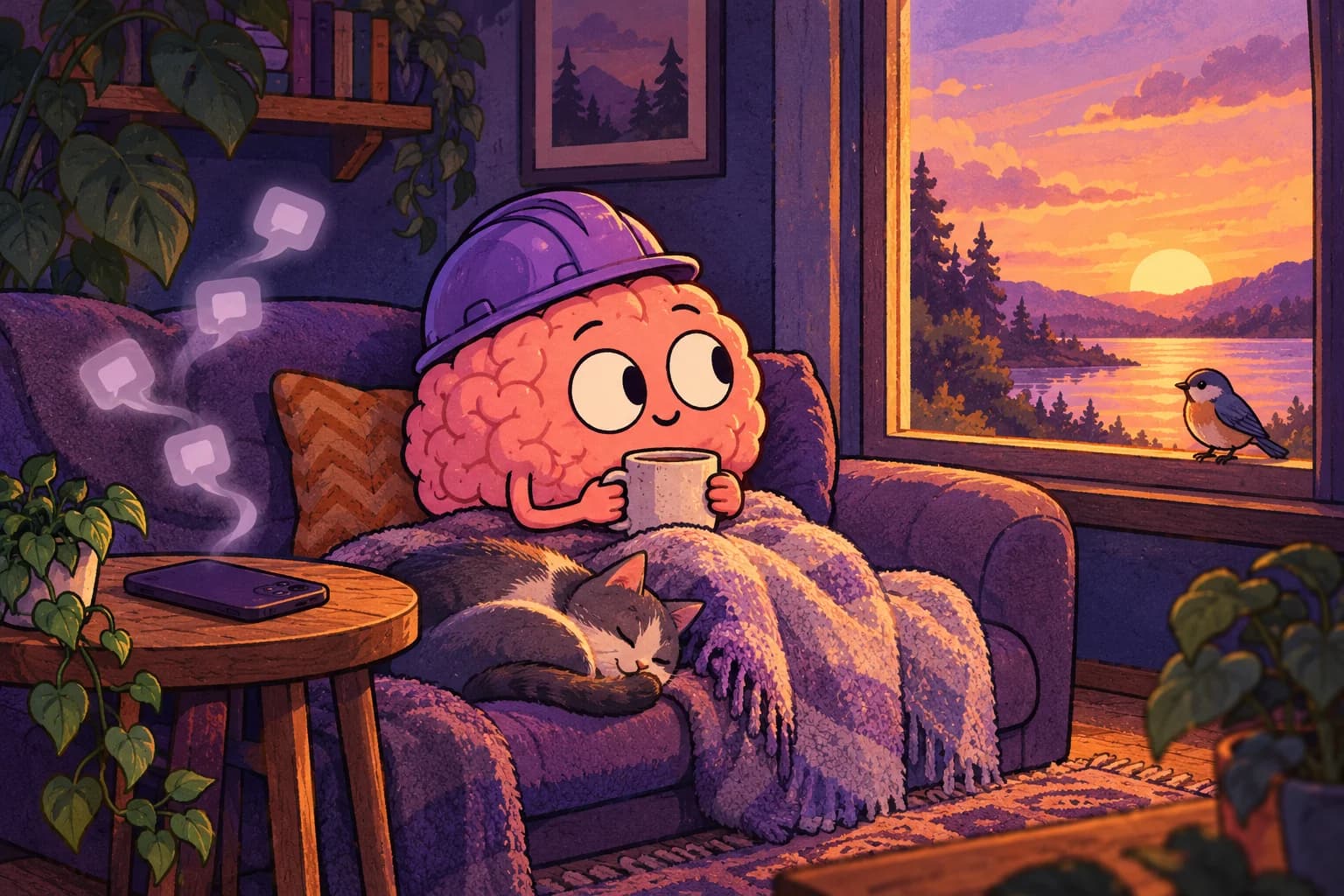 The brain enjoys a warm mug and a bird at the window while notifications drift away from its face-down phone.