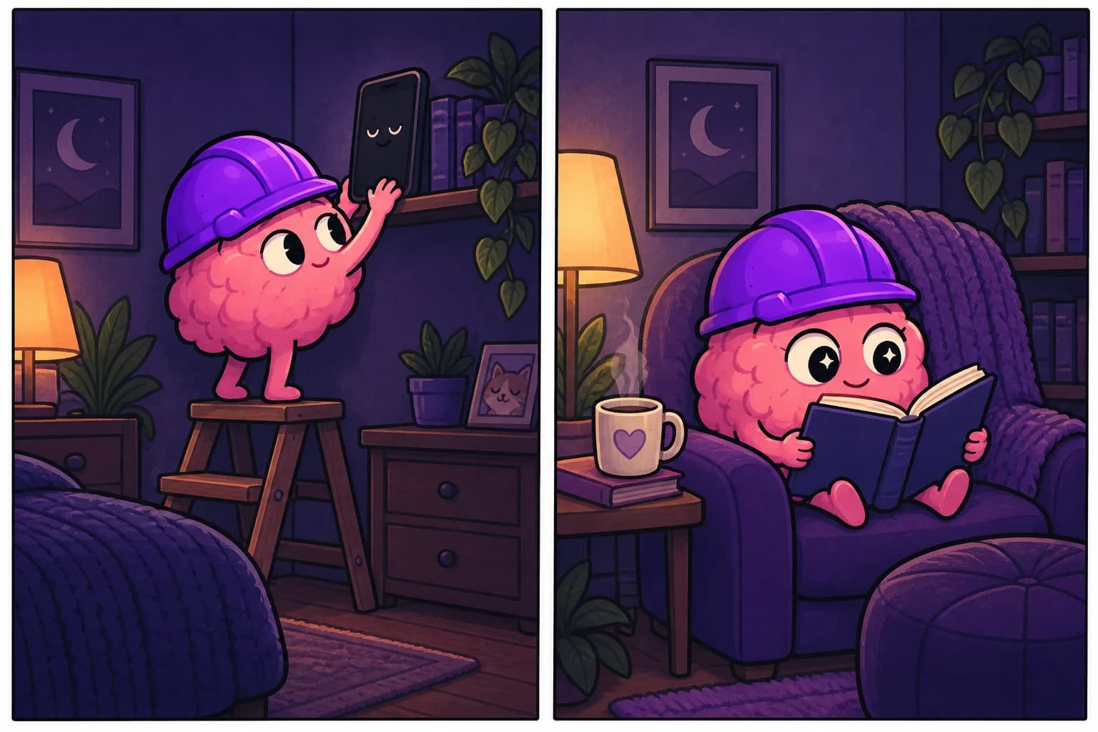 Two-panel comic: the brain puts its phone on a distant shelf, then settles down with a book within easy reach.