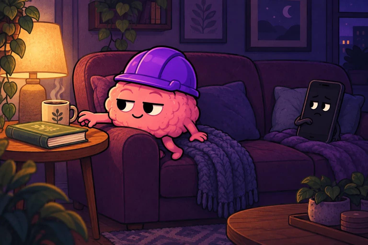The brain reaches for a book and mug while a disappointed phone waits on the sofa.