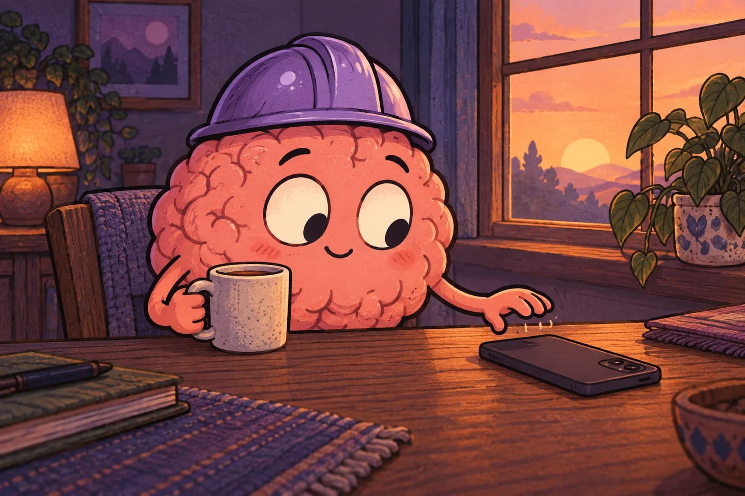 The brain pauses with a hand above its phone, noticing the reach while holding a warm mug.