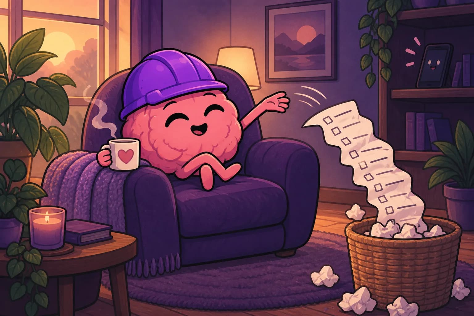 The brain relaxes with a mug after discarding an impossibly long checklist.