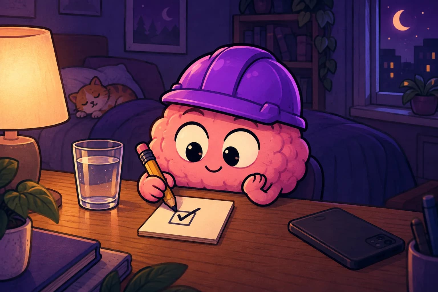 The brain proudly checks a single task beside a glass of water.