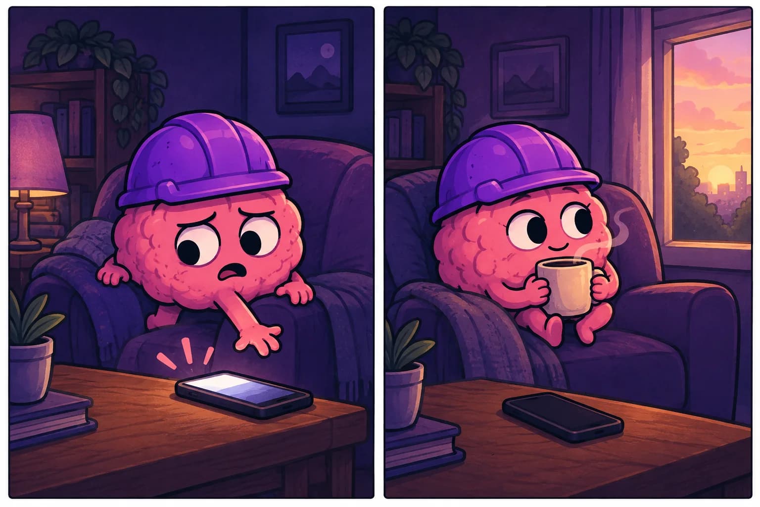 Two-panel comic: the brain reaches for its phone, then pauses with a warm mug and looks out the window.