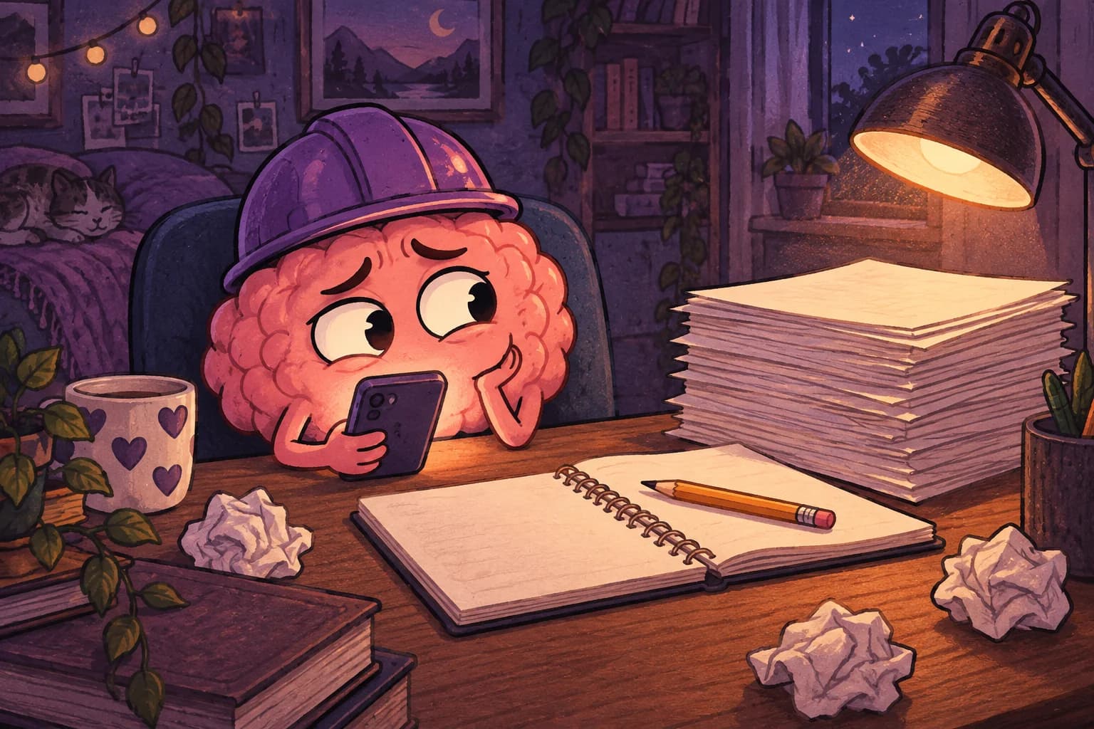The brain scrolls on its phone while glancing guiltily at a pile of unfinished work.