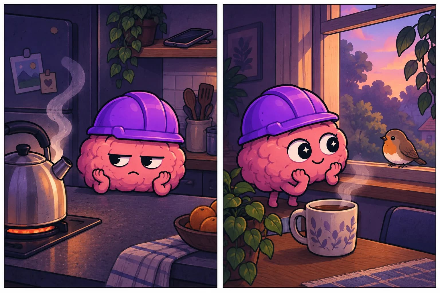 Two-panel comic: the brain waits impatiently for the kettle, then notices a bird outside the window.