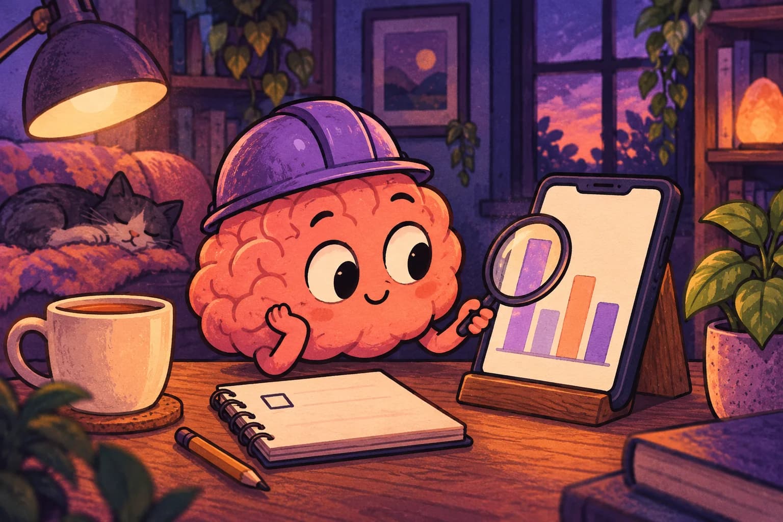The brain calmly examines one bar of a screen-time chart through a magnifying glass.