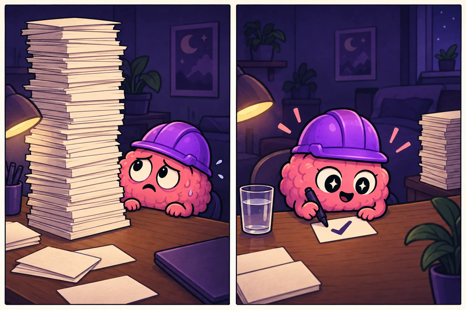 Two-panel comic: an overwhelming stack of tasks becomes one small, satisfying checkmark.