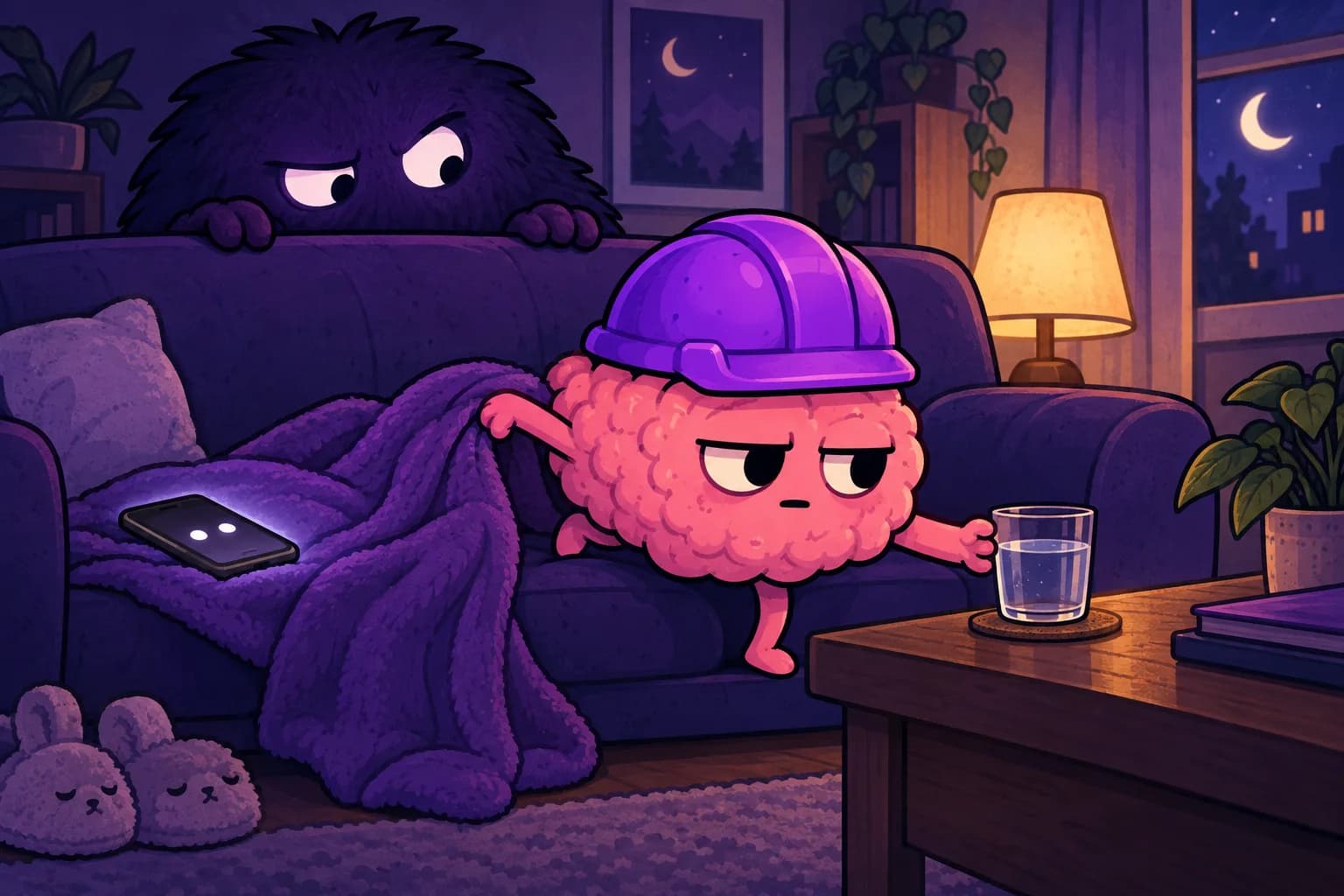 A sleepy brain puts down its phone while the fluffy Algorithm looks mildly annoyed.