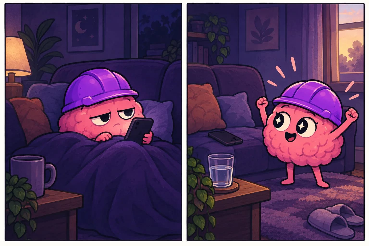 Two-panel comic: the brain goes from scrolling under a blanket to standing up for a small stretch.