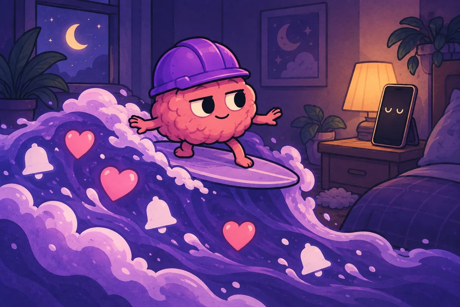The brain calmly surfs a violet wave of notifications while its phone stays on shore.